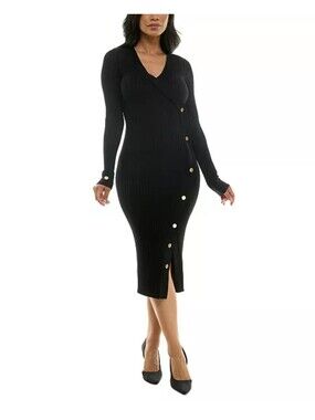 NWT BCX Black Ribbed Sweater Midi Dress Gold Button Wrap Bodycon Size S Party